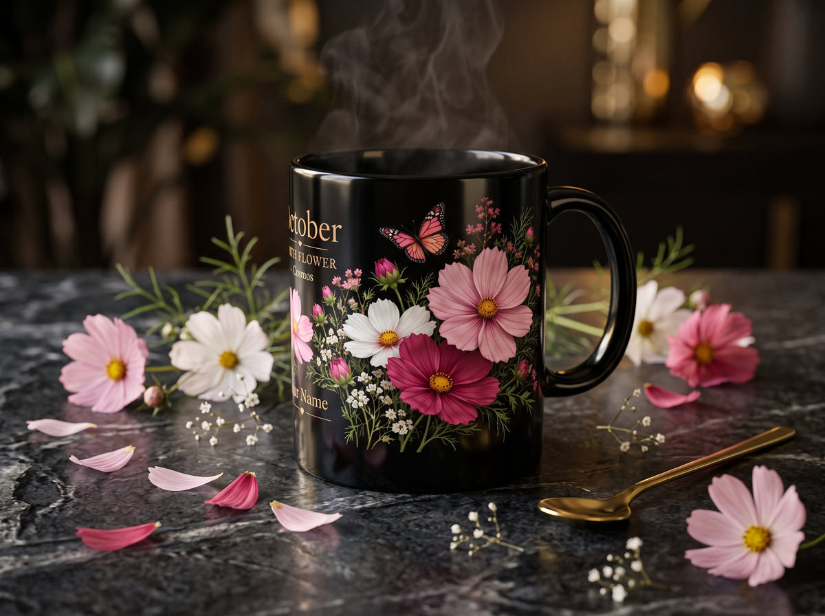 October Birth Flower Mug, Personalized Cosmos Black Coffee Cup - 14980