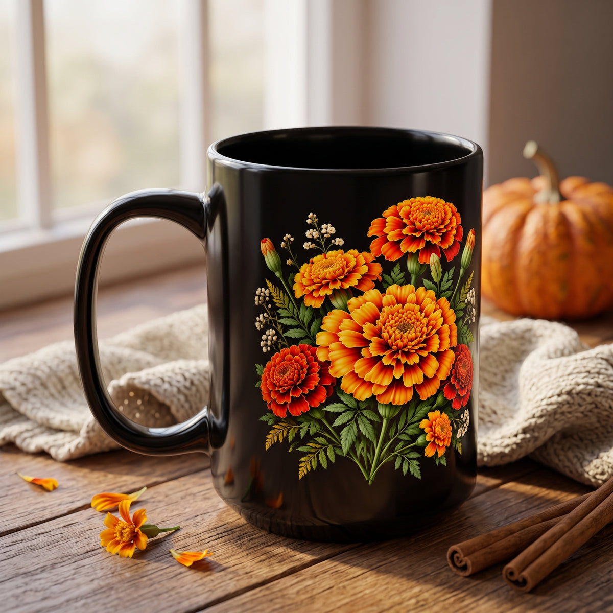 Personalized October Marigold Black Mug, Custom Name Birth Flower Coffee Cup - 14977