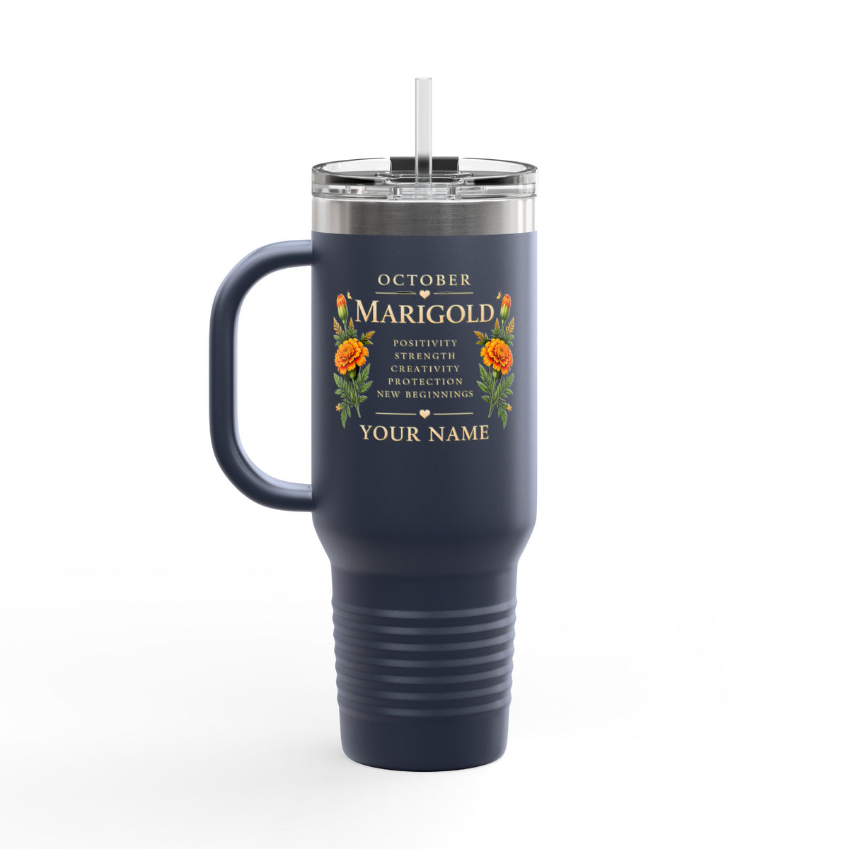 Personalized 40oz Marigold Travel Mug, October Birth Flower Tumbler - 14986