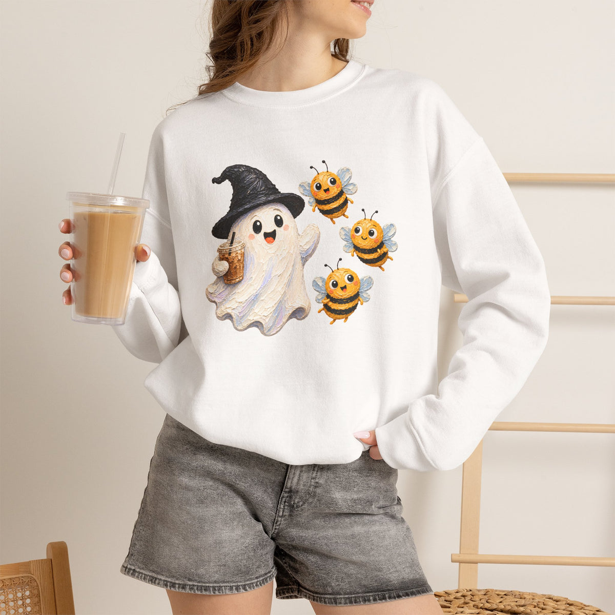 Cute Halloween Ghost & Bees Sweatshirt, Whimsical Witch Hat Crewneck - 14538