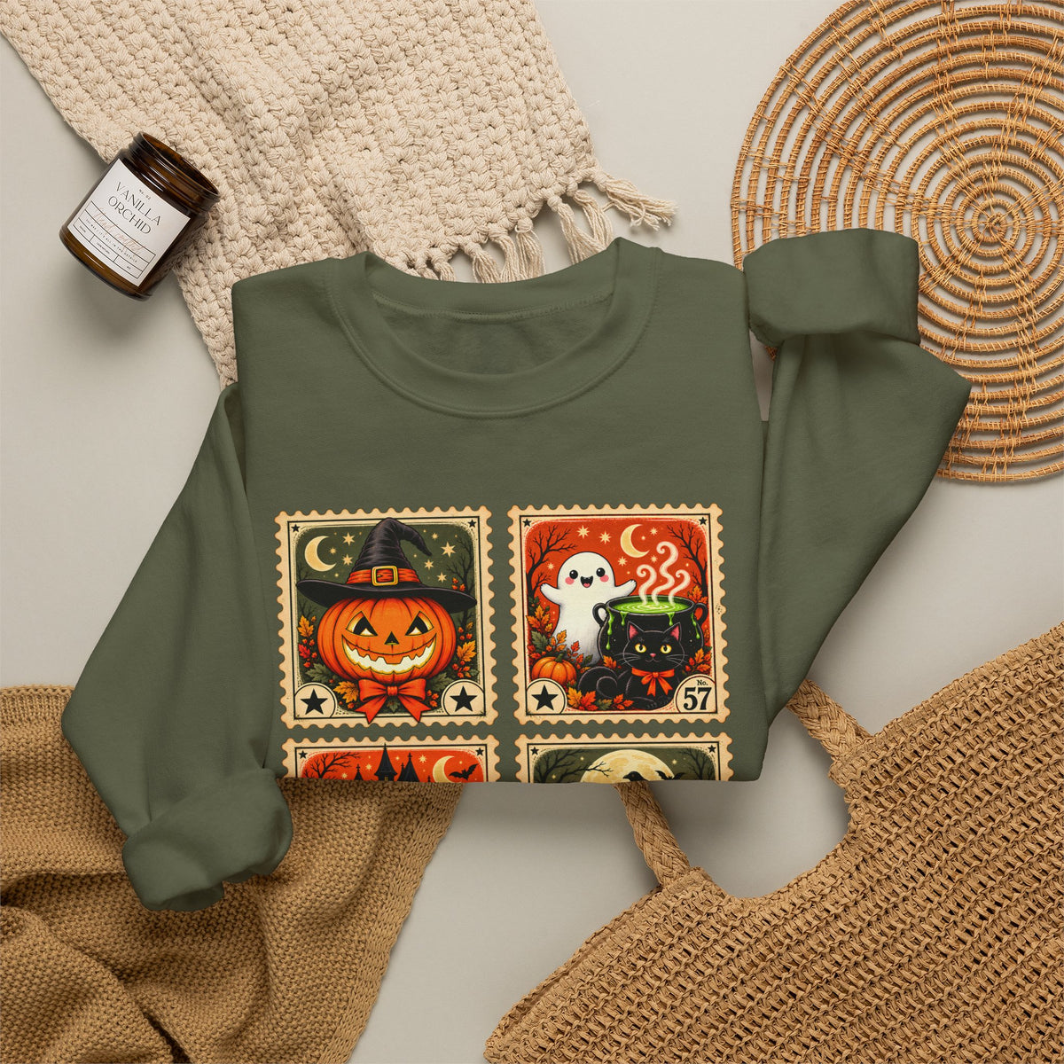 Vintage Halloween Stamp Sweatshirt, Spooky Pumpkin & Ghost Crewneck - 14510