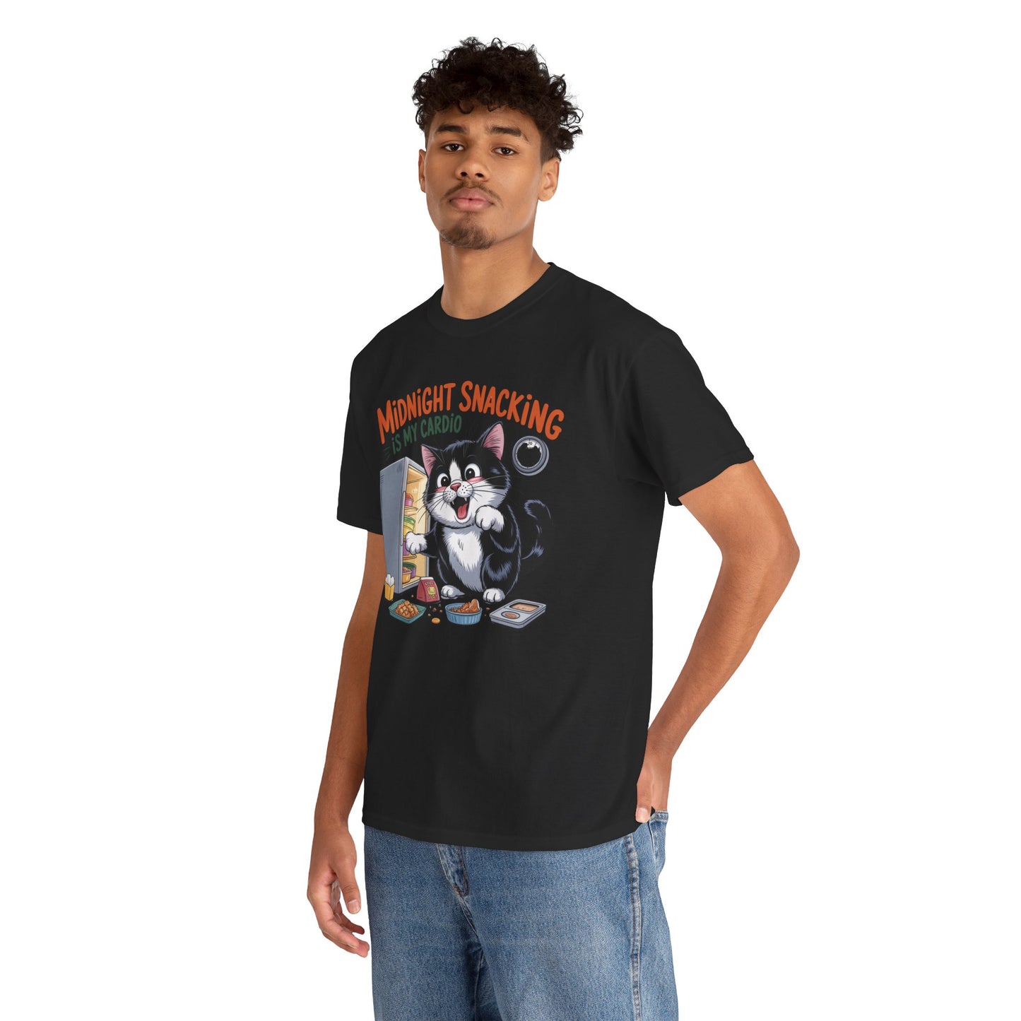 Midnight Snacking Is My Cardio T-Shirt — Funny Cat Graphic Tee, Cute Food Lover Gift - 14865