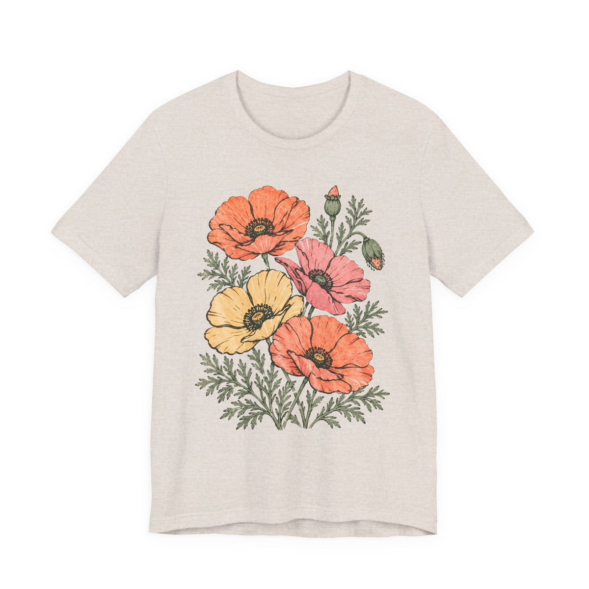 Floral Poppies T-Shirt, Vintage Wildflower Graphic Tee - 14988