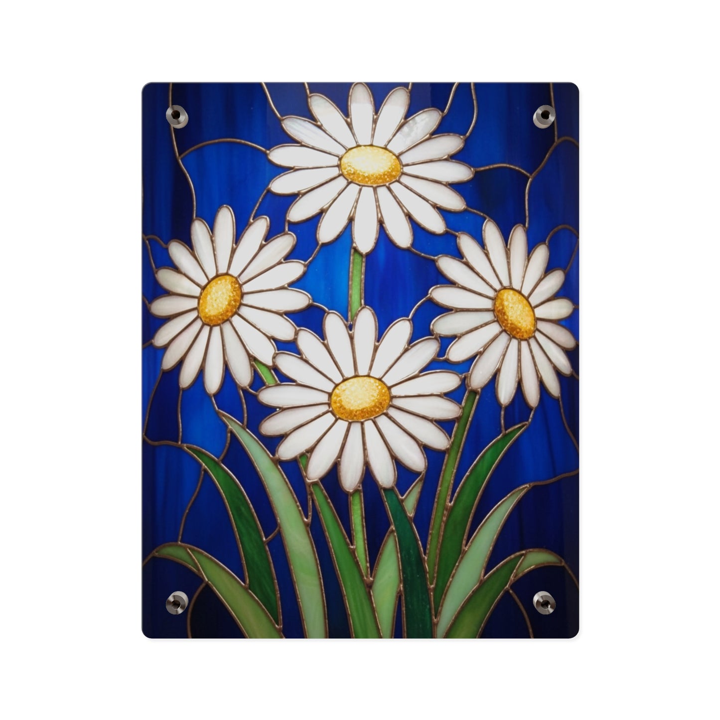 Daisy Stained-Glass Acrylic Wall Art Panel — White Daisies on Deep Blue Background - 14602