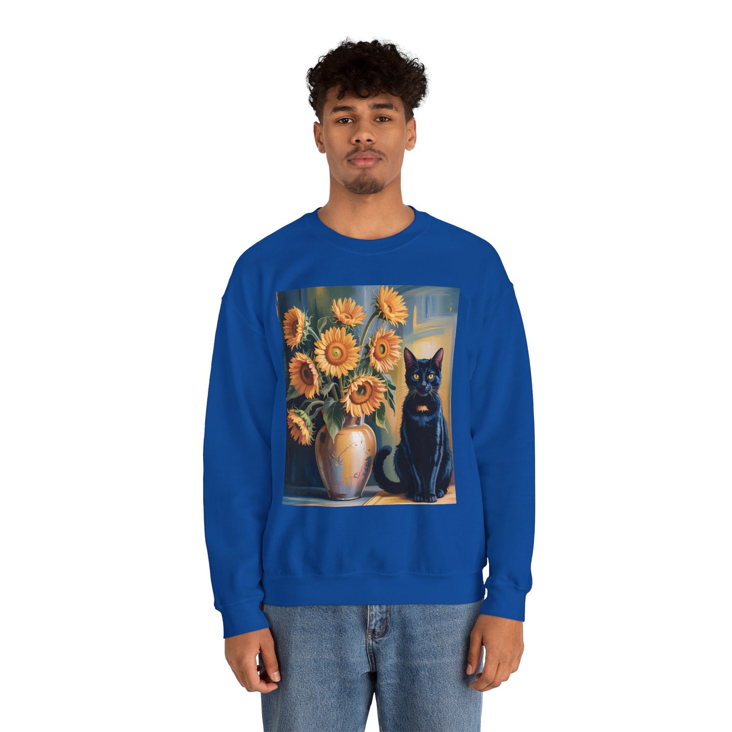 Van Gogh Style Black Cat & Sunflowers Sweatshirt – Art Lover Cozy Crewneck - 14766