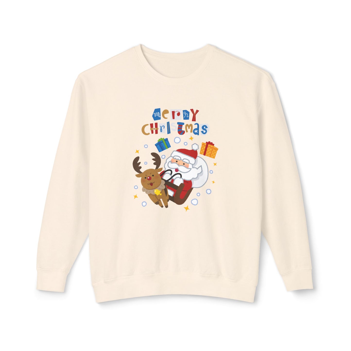 Merry Christmas, Santa & Reindeer - Unisex Lightweight Crewneck Sweatshirt - 10470