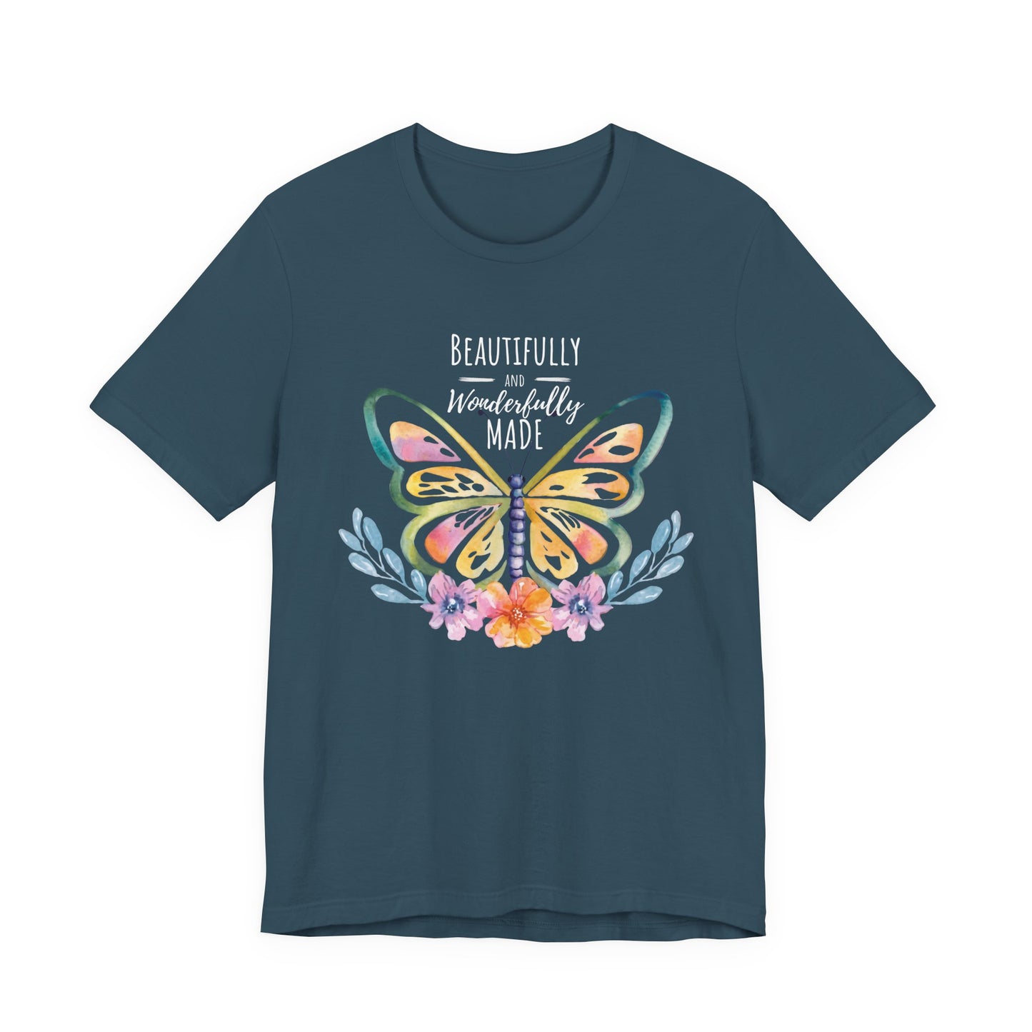 Beautifully & Wonderfully Made Butterfly T-Shirt, Inspirational Floral Graphic Tee - 14954