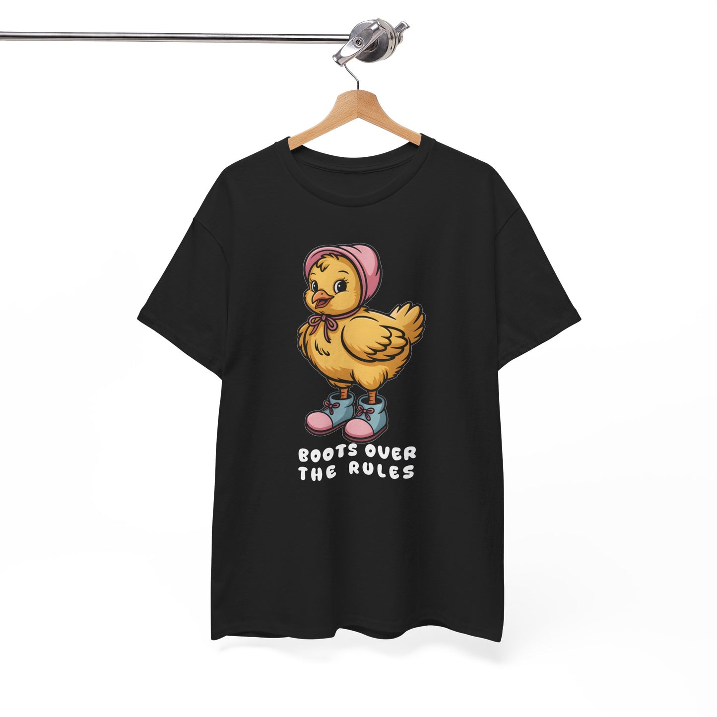 Cute Chick in Boots T-Shirt – “Boots Over The Rules” Funny Chicken Graphic Tee Gift - 14858