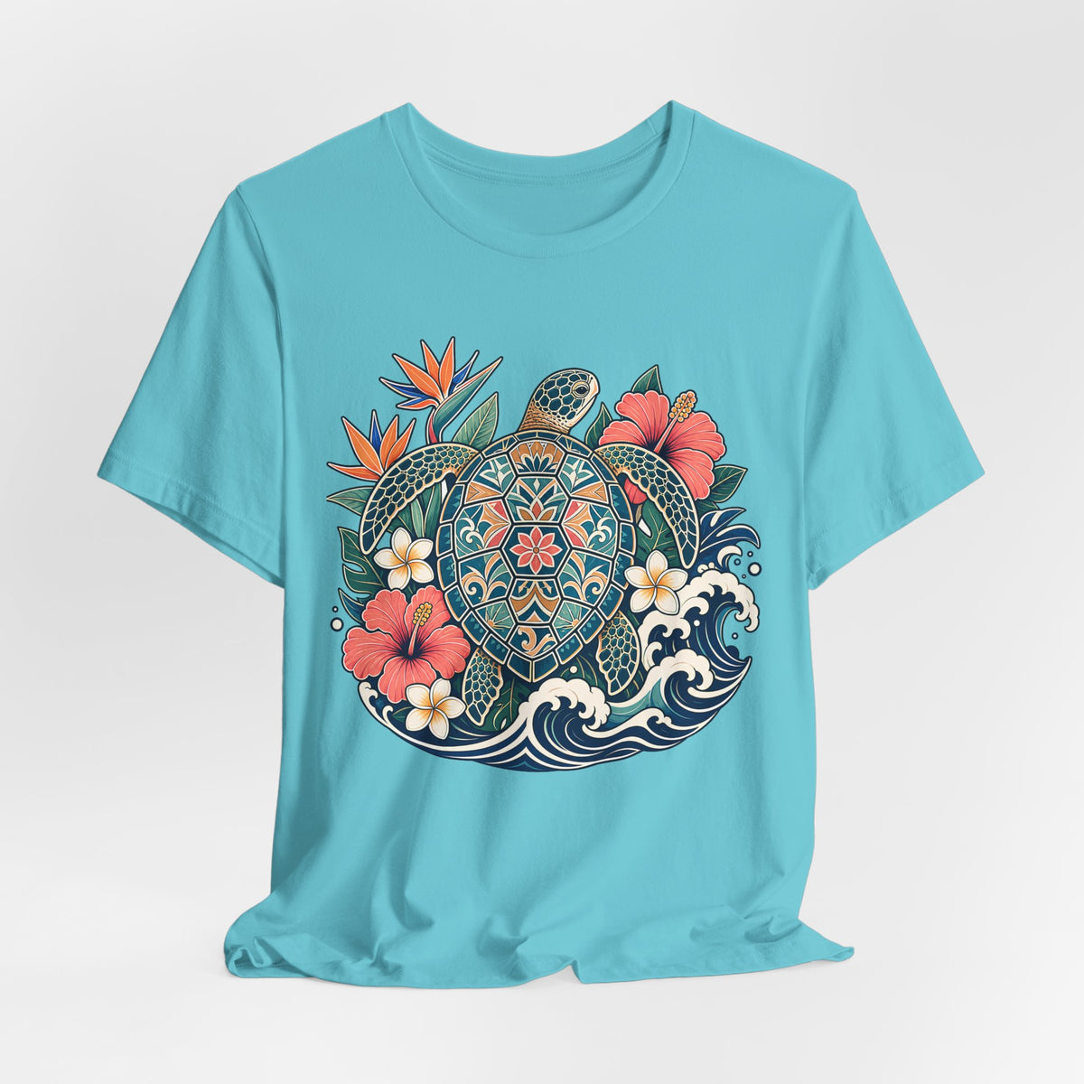 Sea Turtle Floral T-Shirt, Hawaiian Turtle Graphic Tee - 14973