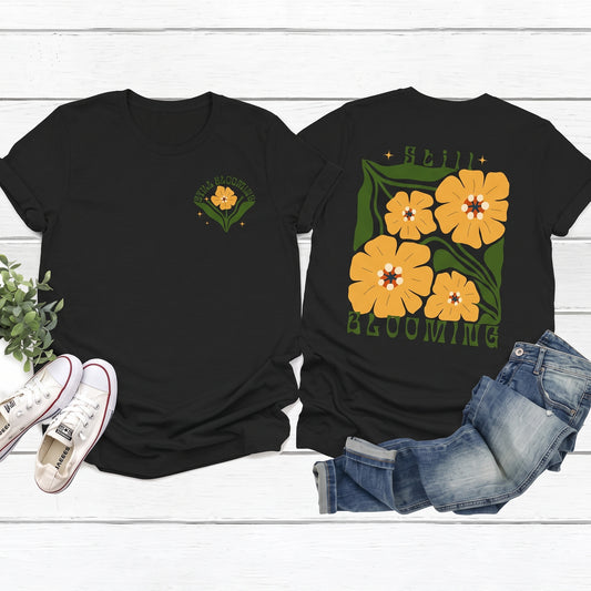 Still Blooming Floral T-Shirt, Retro Yellow Flower Graphic Tee  - 14957
