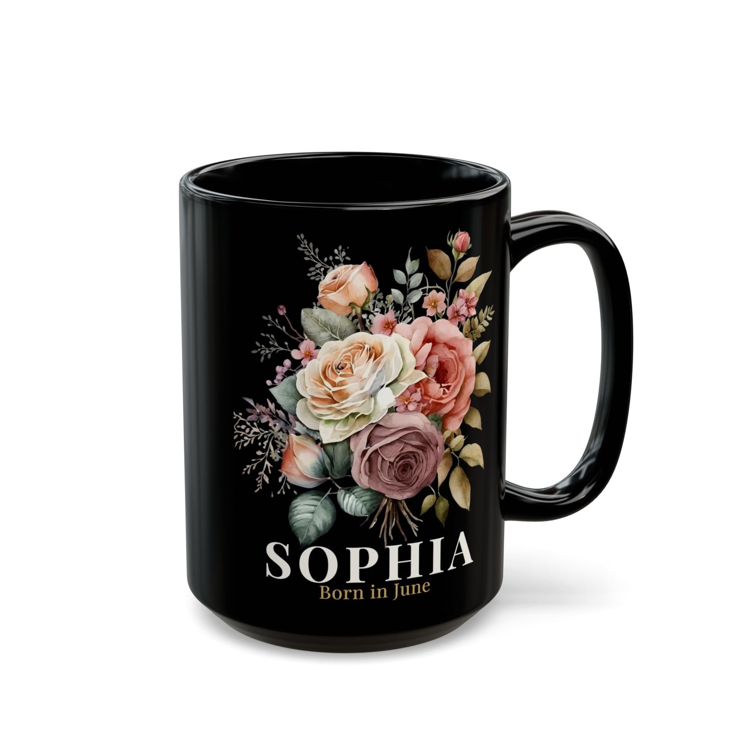 Custom Born in June Mug – Personalized June Birthday Floral Rose Coffee Cup, Black Ceramic Mug 11oz 15oz - 14894