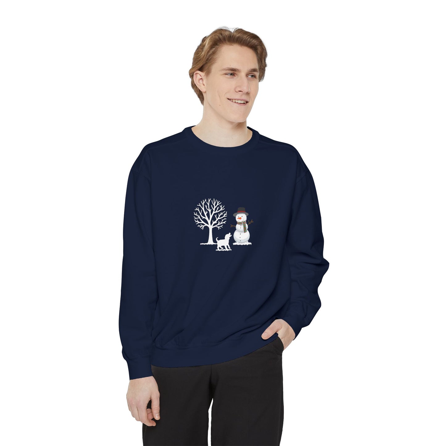 Winter Tree, Snowman, Puppy - Unisex Garment-Dyed Sweatshirt - 10261