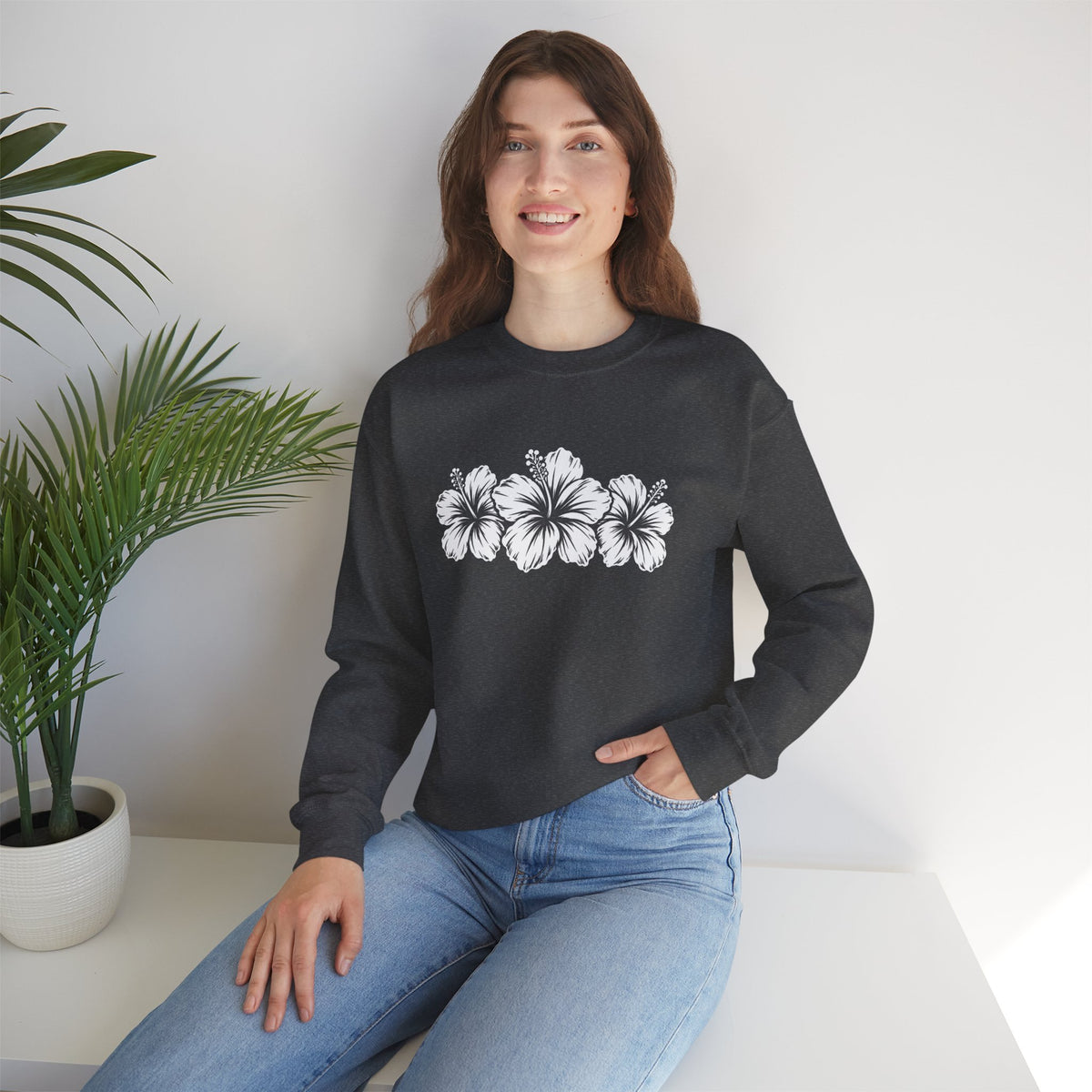 Hibiscus Floral Crewneck Sweatshirt,  Tropical Flower Graphic - 14996