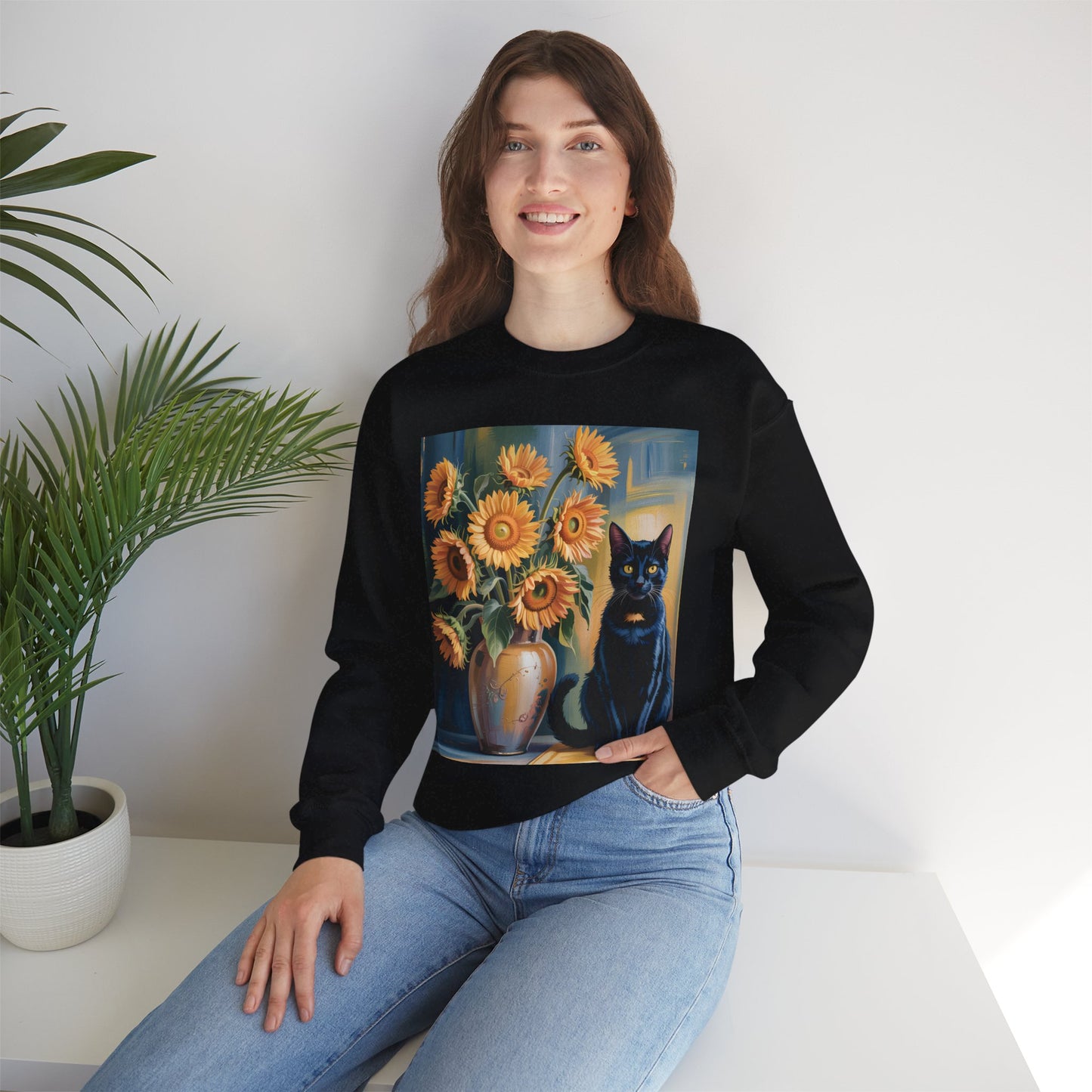 Van Gogh Style Black Cat & Sunflowers Sweatshirt – Art Lover Cozy Crewneck - 14766