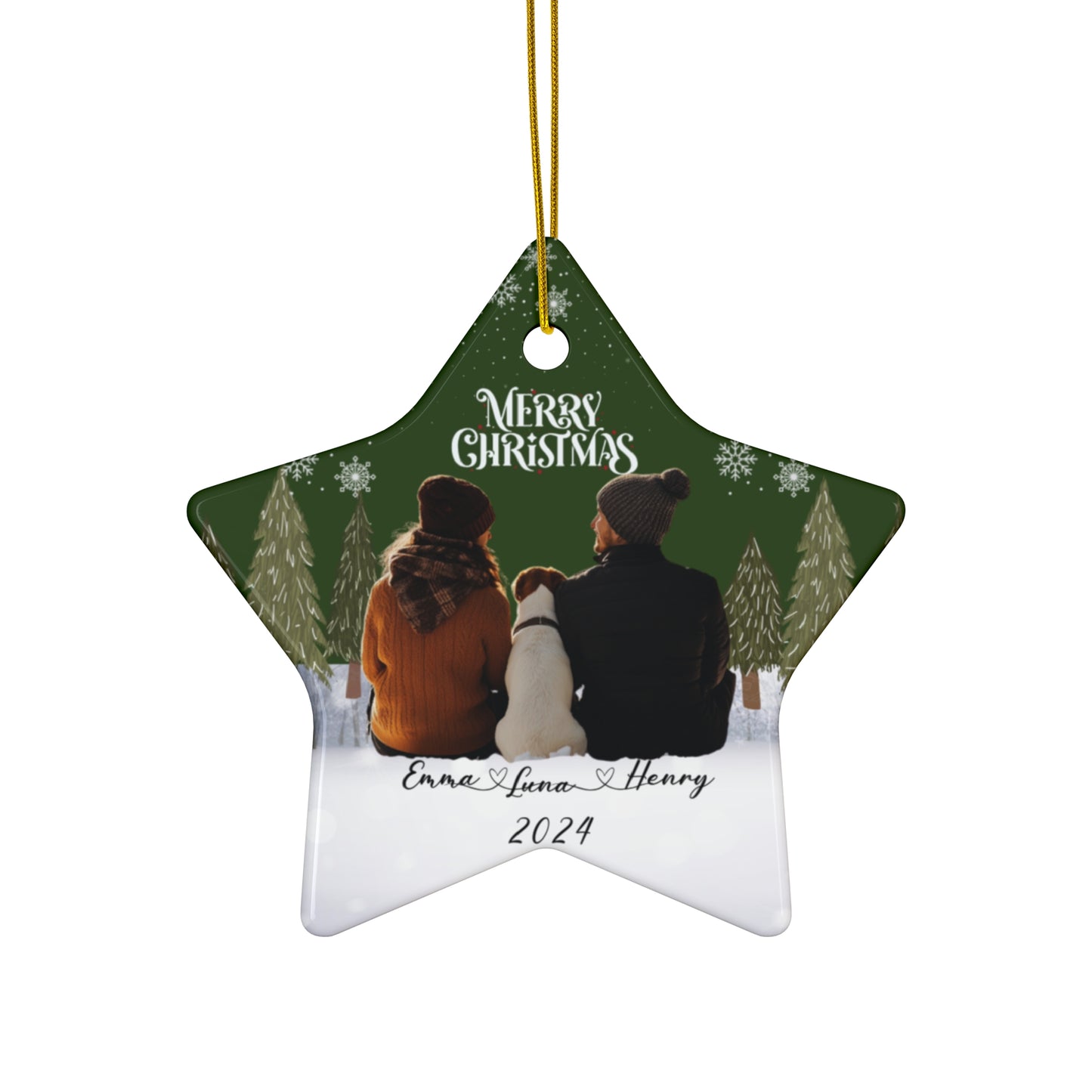 Couple With A Dog, Customizable -  Ceramic Ornament, 4 Shapes - 10032