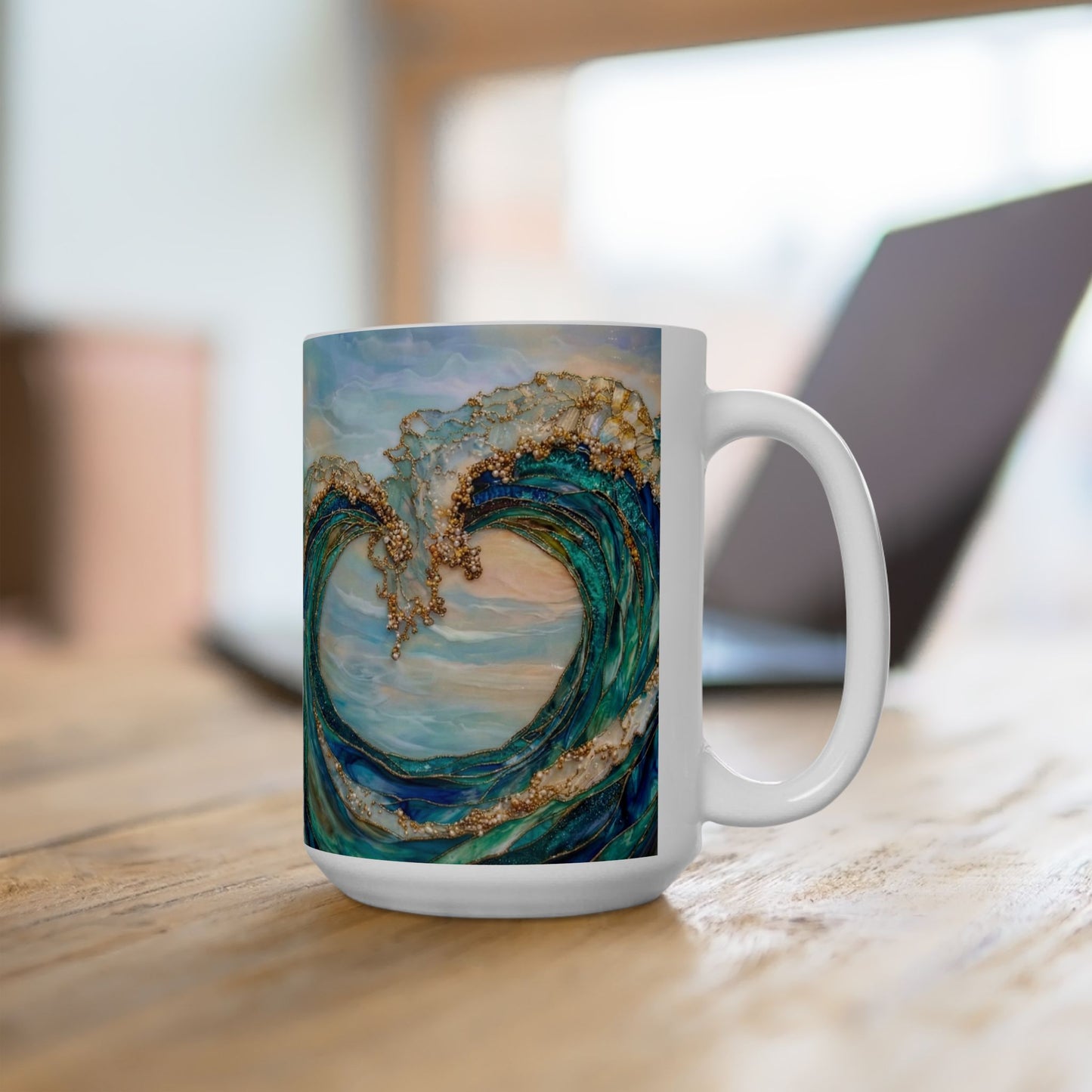Ocean Wave Ceramic Mug — Teal & Gold Coastal Art Coffee Cup (11oz, 15oz) - 14522
