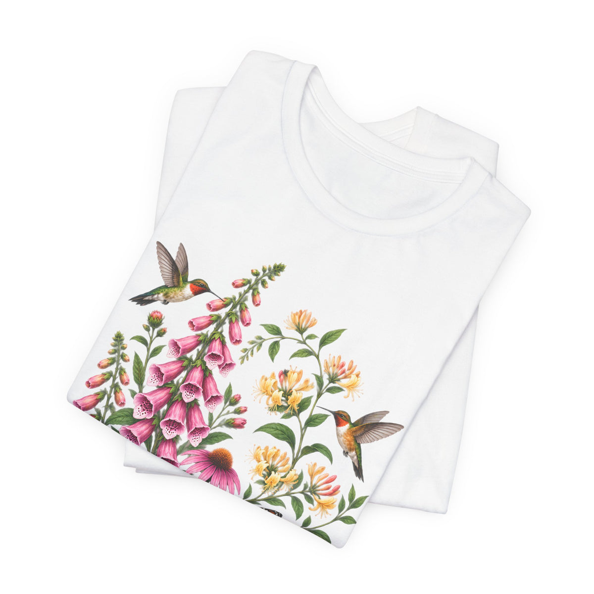 Floral Hummingbird Garden T-Shirt, Wildflower & Butterfly Botanical Tee - 14547