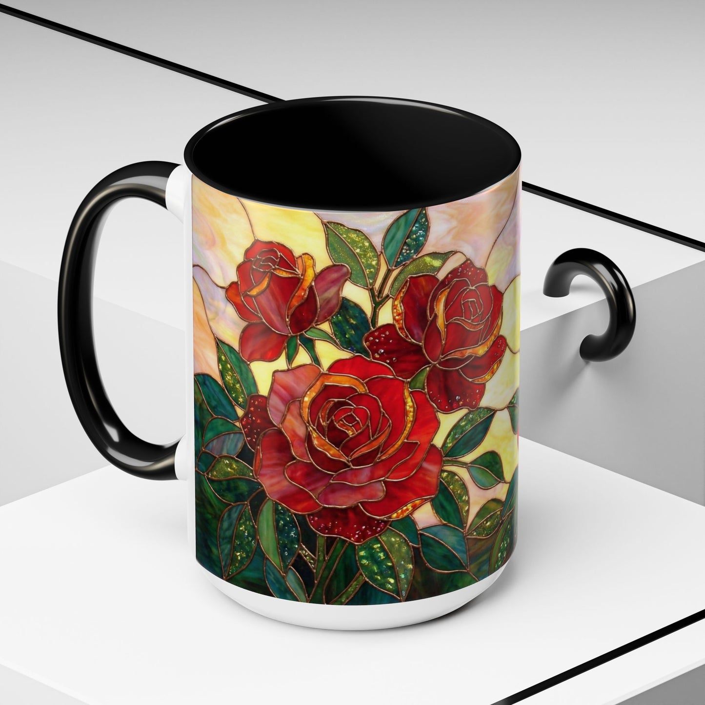 Rose Stained Glass Accent Coffee Mug – Red Roses Floral 11/15oz - 14539