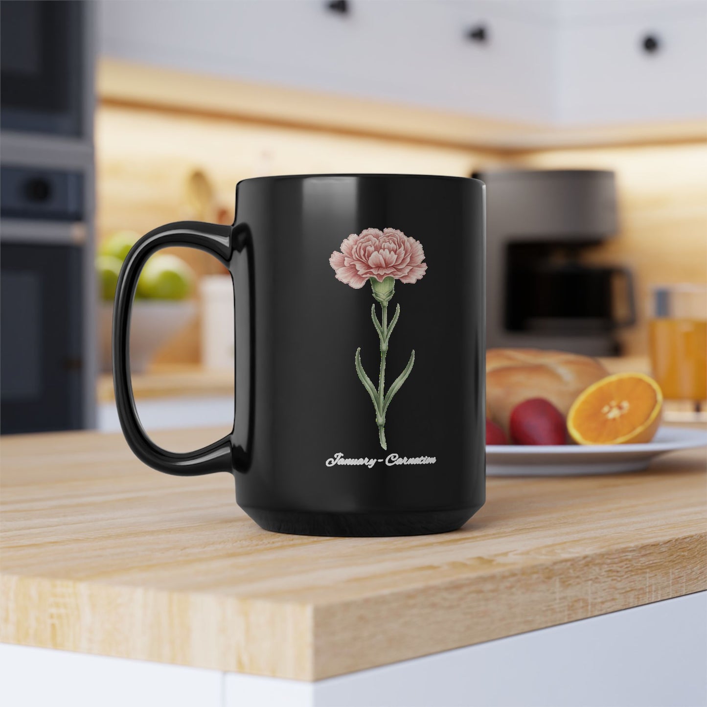 January Carnation Birth Flower Black Mug – Customizable (11oz & 15oz) - 14670