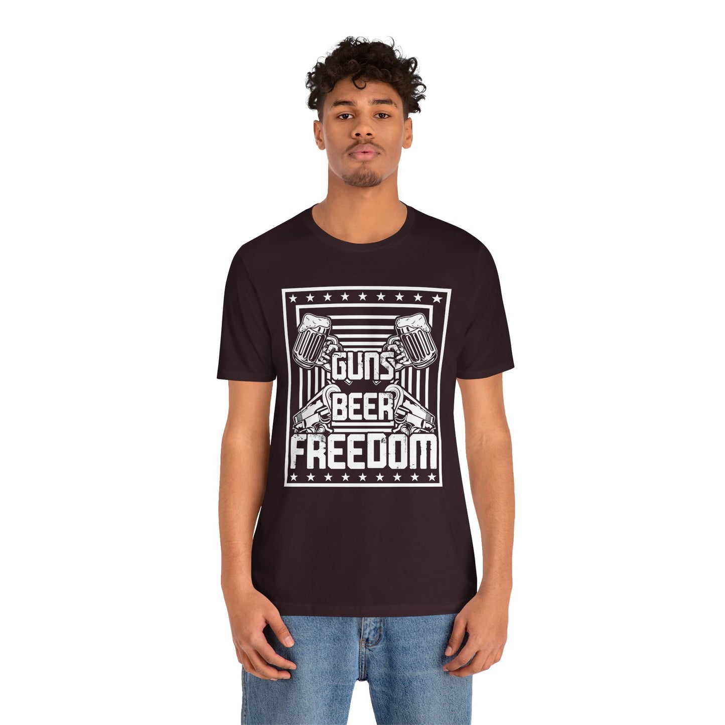 4th of July, Guns Beer Freedom Unisex Tee, Casual Shirt, Patriotic Apparel, Gift for Him, Party Tee, Everyday Wear - 13598