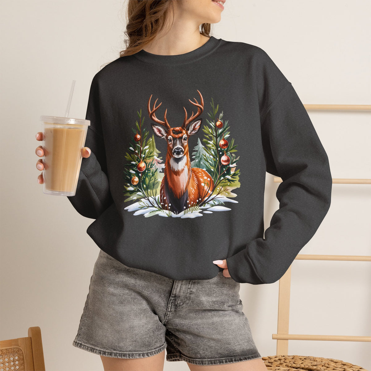 Christmas Deer Sweatshirt, Vintage Woodland Holiday Crewneck - 14562