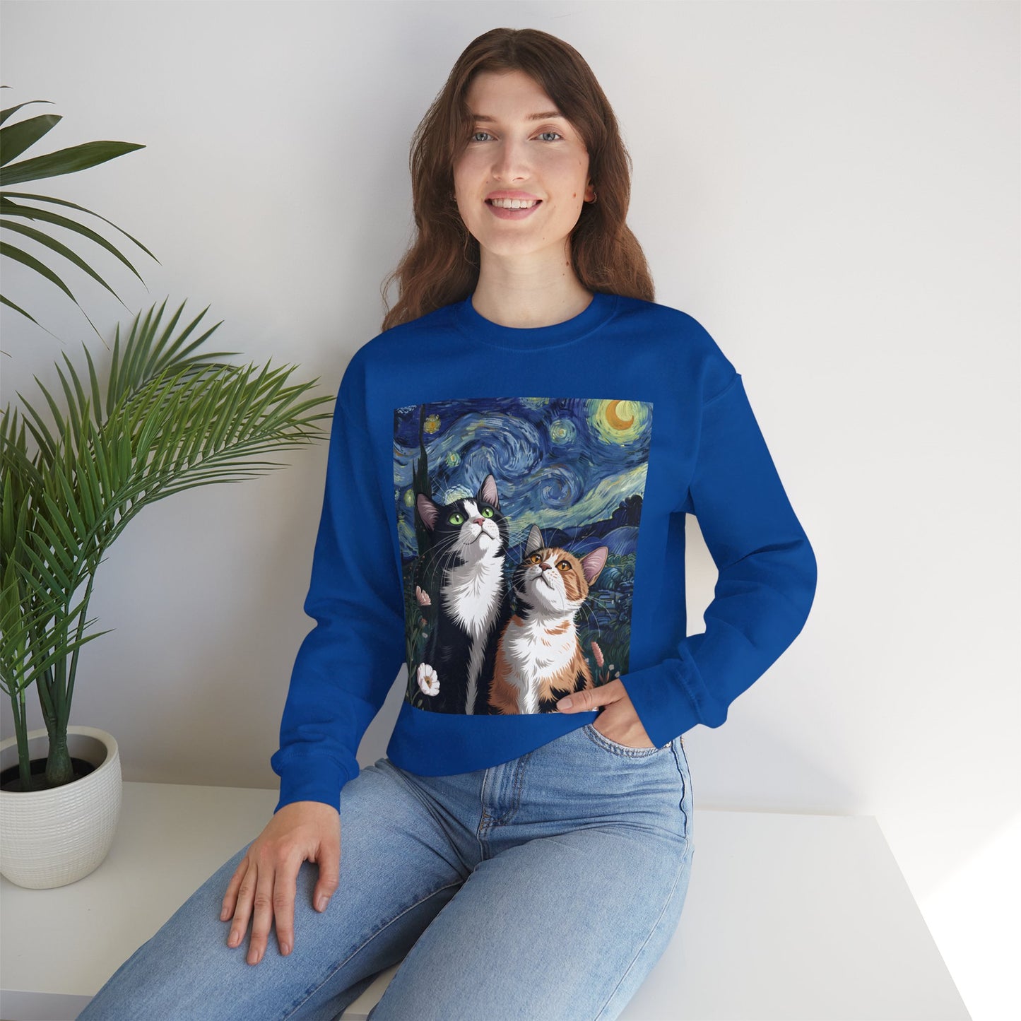 Van Gogh Style Cat Art Sweatshirt - Cozy Unisex Crewneck, Valentines Day Gift for Cat Lovers - 14768