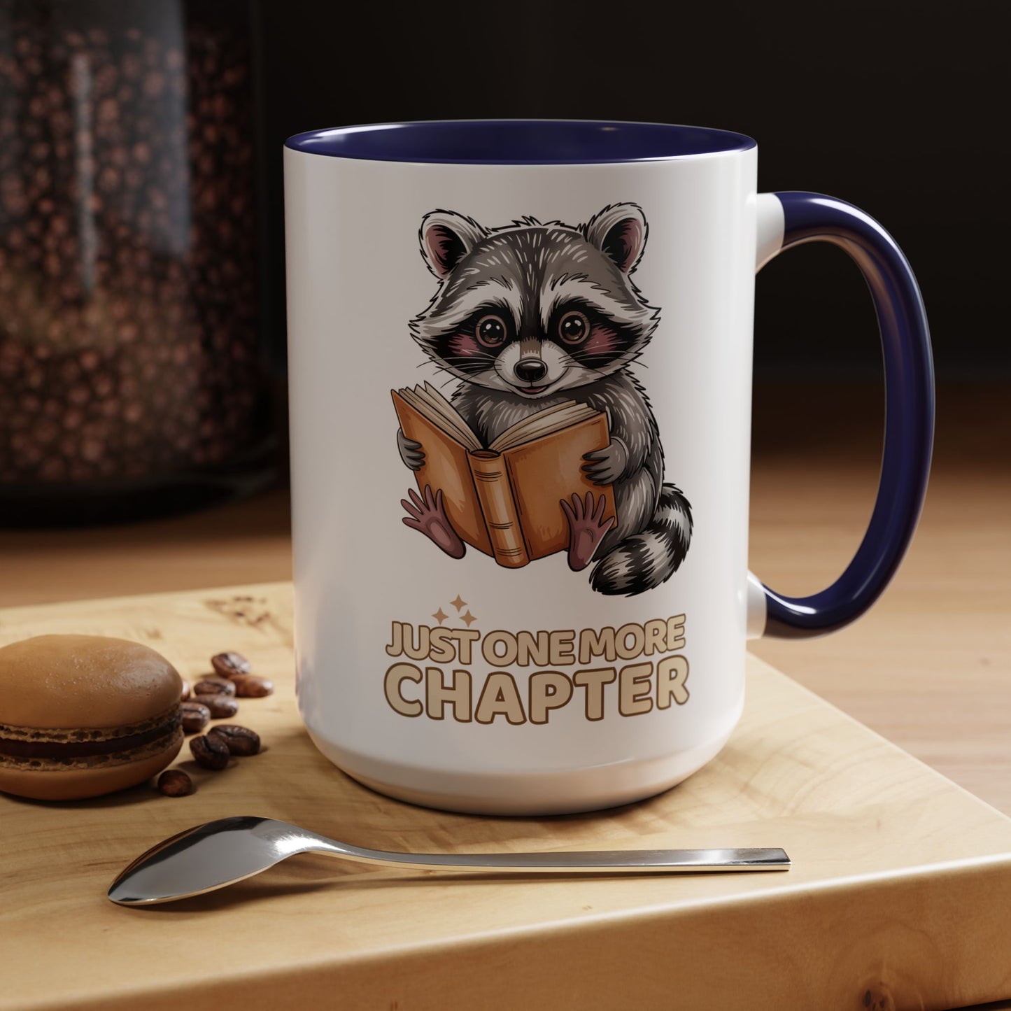 Just One More Chapter Mug – Raccoon Reading Coffee Mug, Book Lover Gift for Teacher or Librarian (11oz / 15oz)- 14792