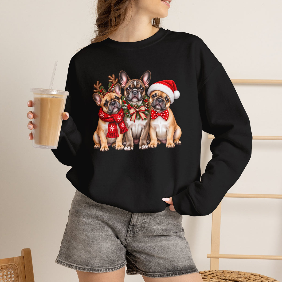 Christmas French Bulldog Sweatshirt, Cute Festive Frenchie Crewneck - 14556