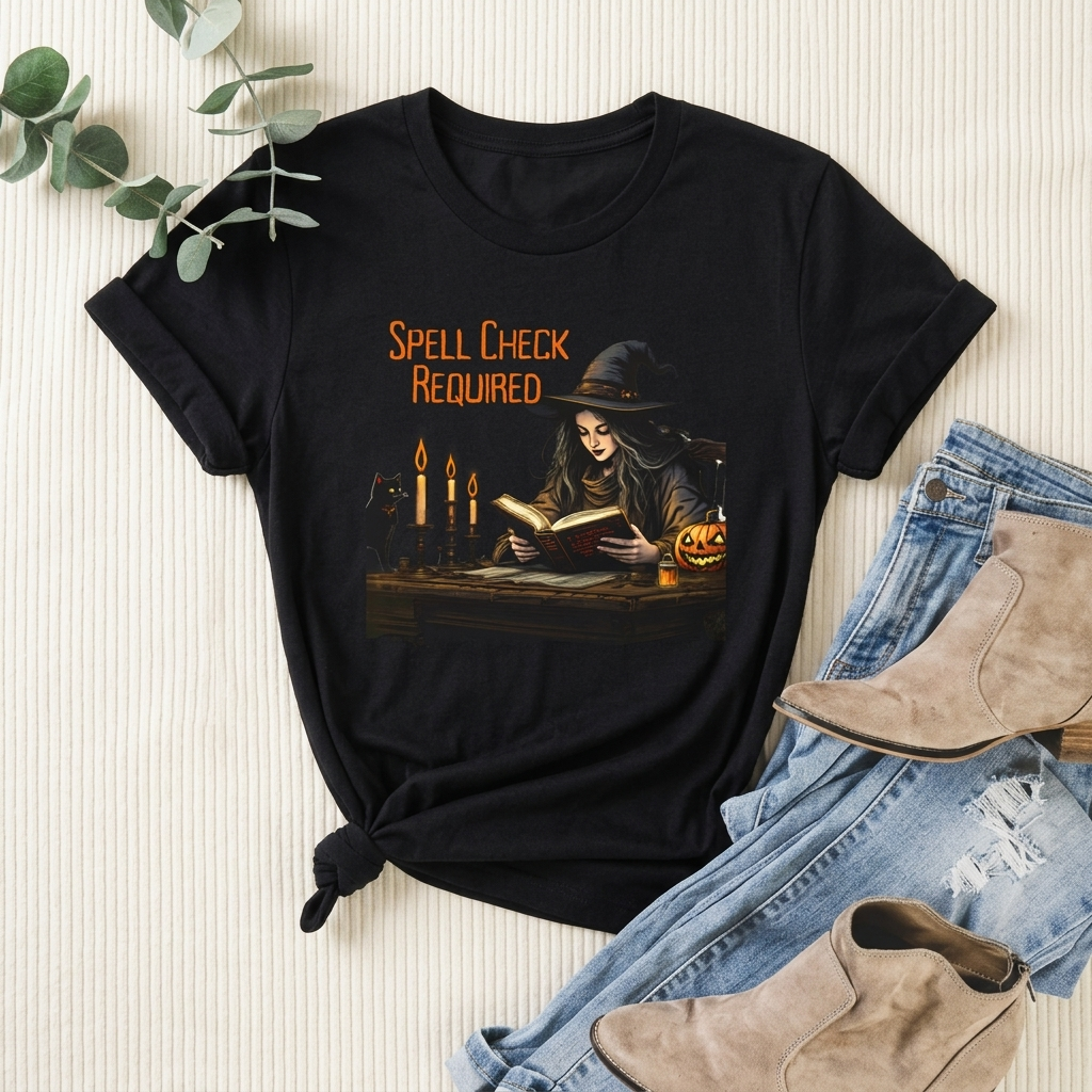 Spell Check Required Witch T-Shirt, Halloween Spellbook Reading Graphic Tee - 14936