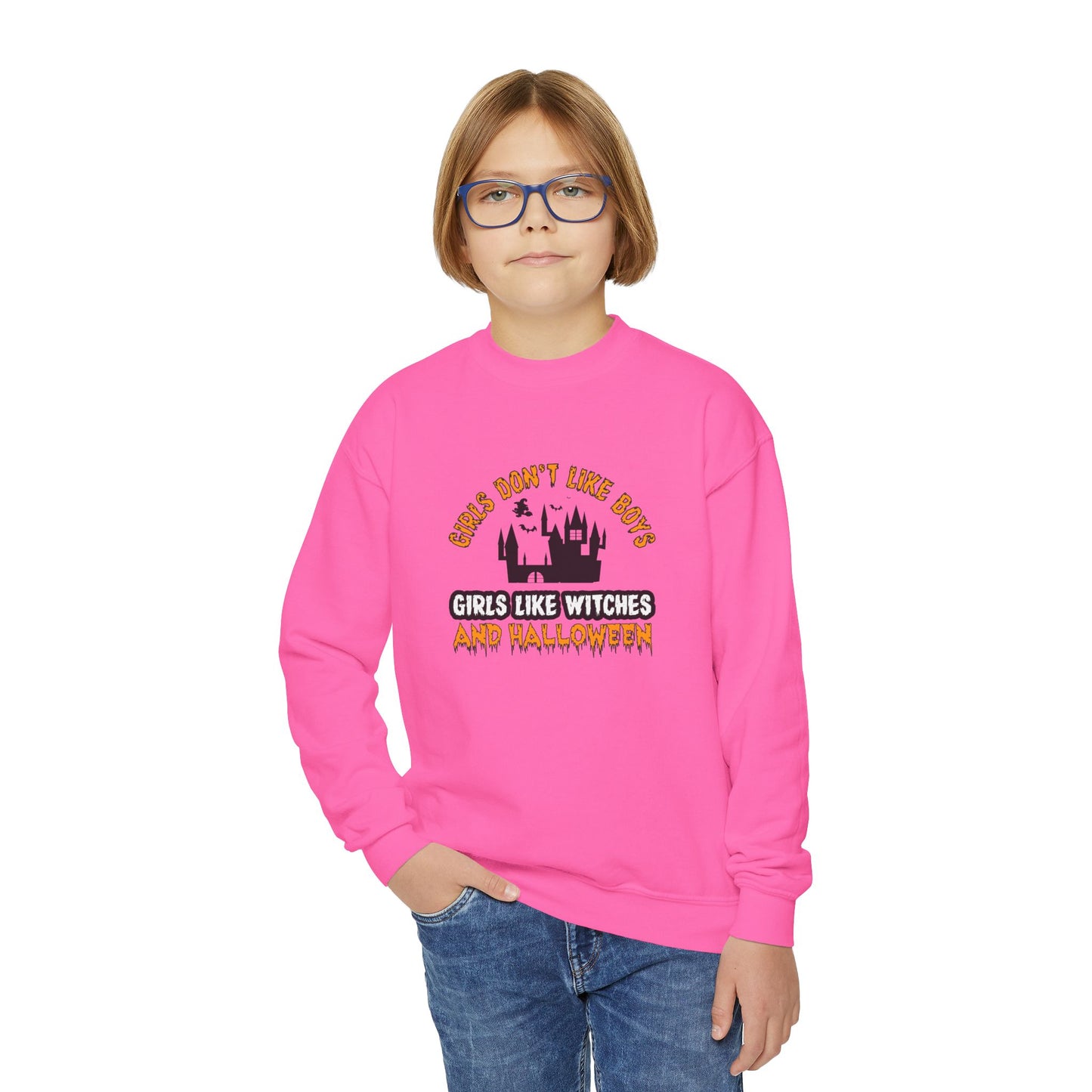 Girls Don't Like Boys. Girls Like Witches and Halloween - Youth Crewneck Sweatshirt