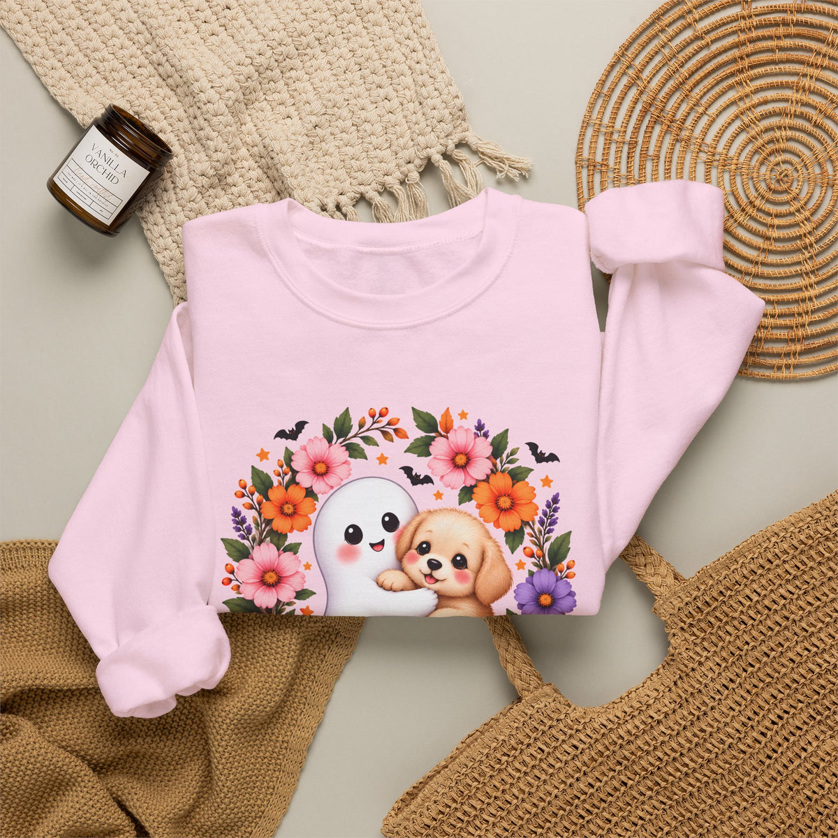Cute Ghost & Puppy Halloween Sweatshirt,  Floral Crewneck - 14515