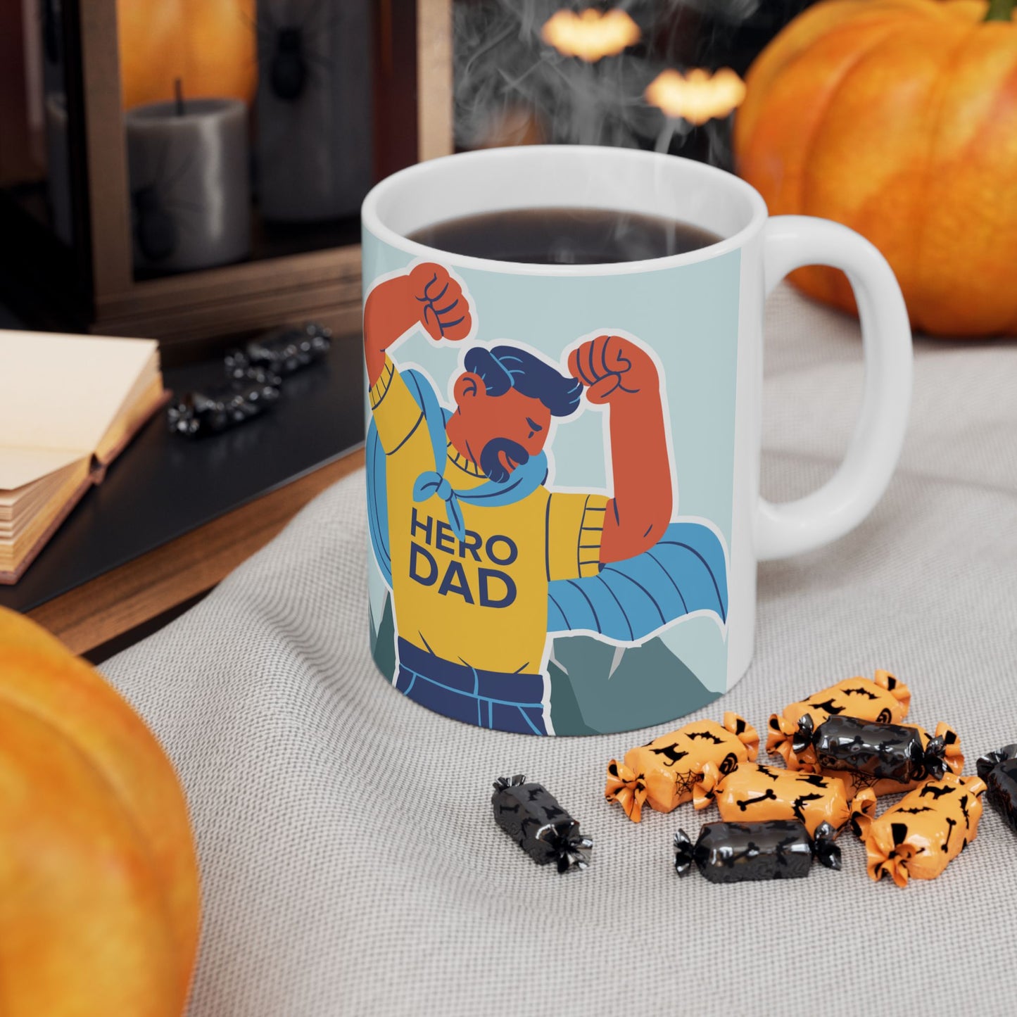 Hero Dad, Happy Father's Day Ceramic Mug - Fun Gift for Dads, Unique Coffee Tea Cup, Father's Day Present, Customizable Design, 11oz & 15oz - 14017
