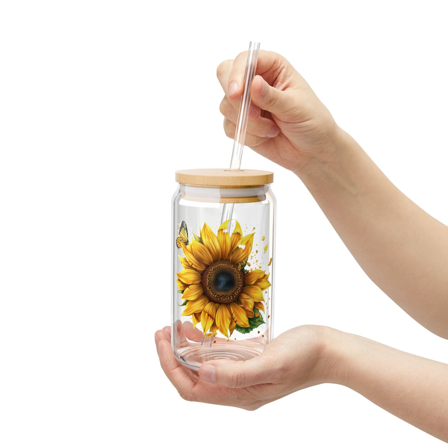 Sunflower & Butterfly,  Customizable - Sipper Glass, 16oz