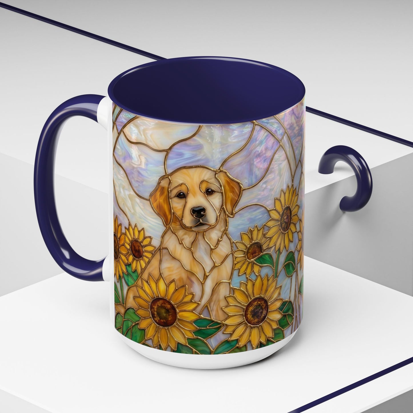 Sunflower Golden Retriever P uppiesAccent Coffee Mug –  Stained Glass Design (11/15 oz) - 14527