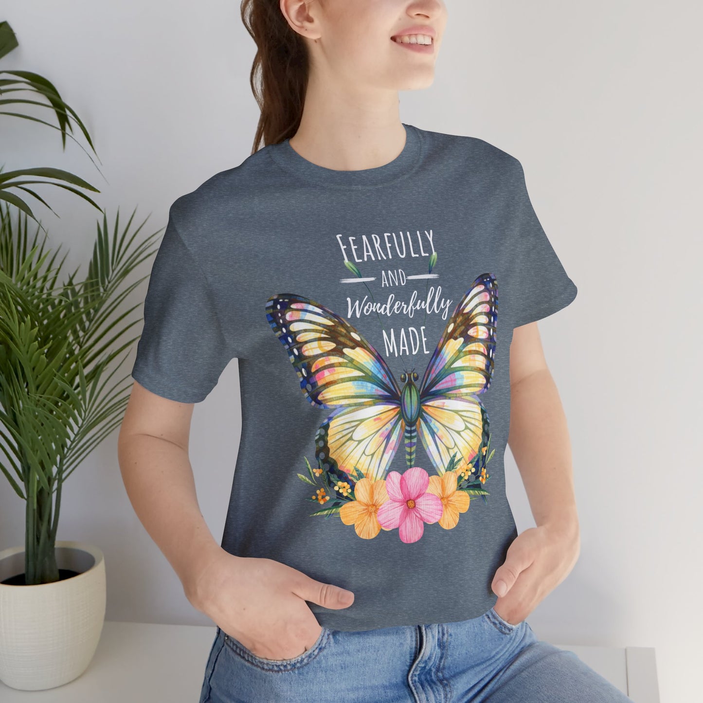 Fearfully and Wonderfully Made Butterfly T-Shirt, Inspirational Floral Faith Tee - 14955
