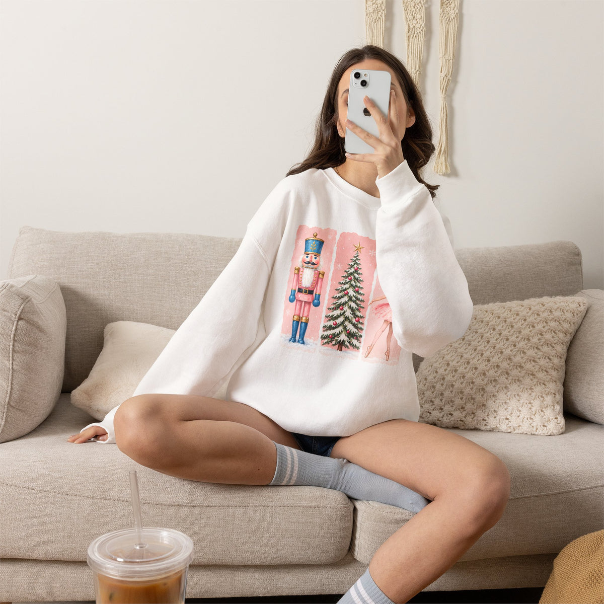 Christmas Nutcracker & Ballerina Sweatshirt, Vintage Pink Holiday Crewneck - 14568