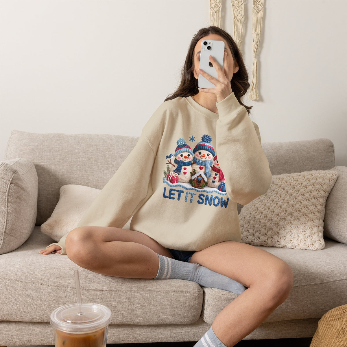 Let It Snow Sweatshirt, Cute Knitted Snowmen Christmas Crewneck - 14570