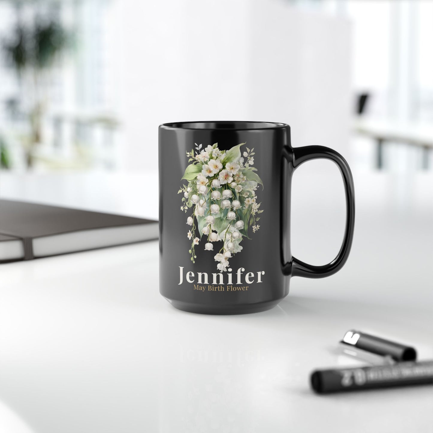 Custom Name May Birth Flower Mug – Lily of the Valley Personalized 15oz Black Mug Gift for Her - 14885