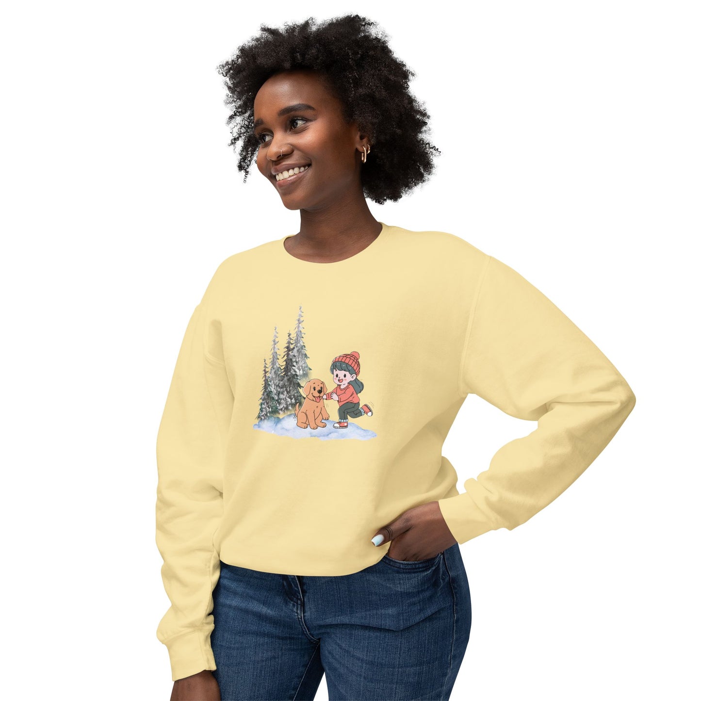 Winter Trees, Girl & Doggy - Unisex Lightweight Crewneck Sweatshirt - 10262