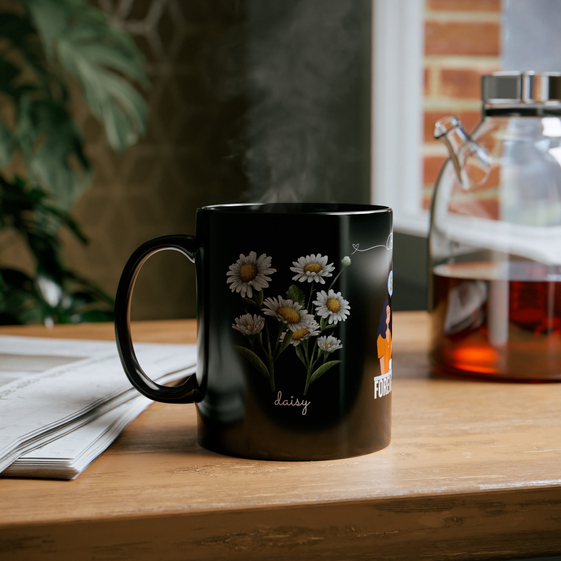 Happy Birthday April Mug - Featuring Daisy and Sweet Pea, Customized Ceramic Black Mug (11oz, 15oz)