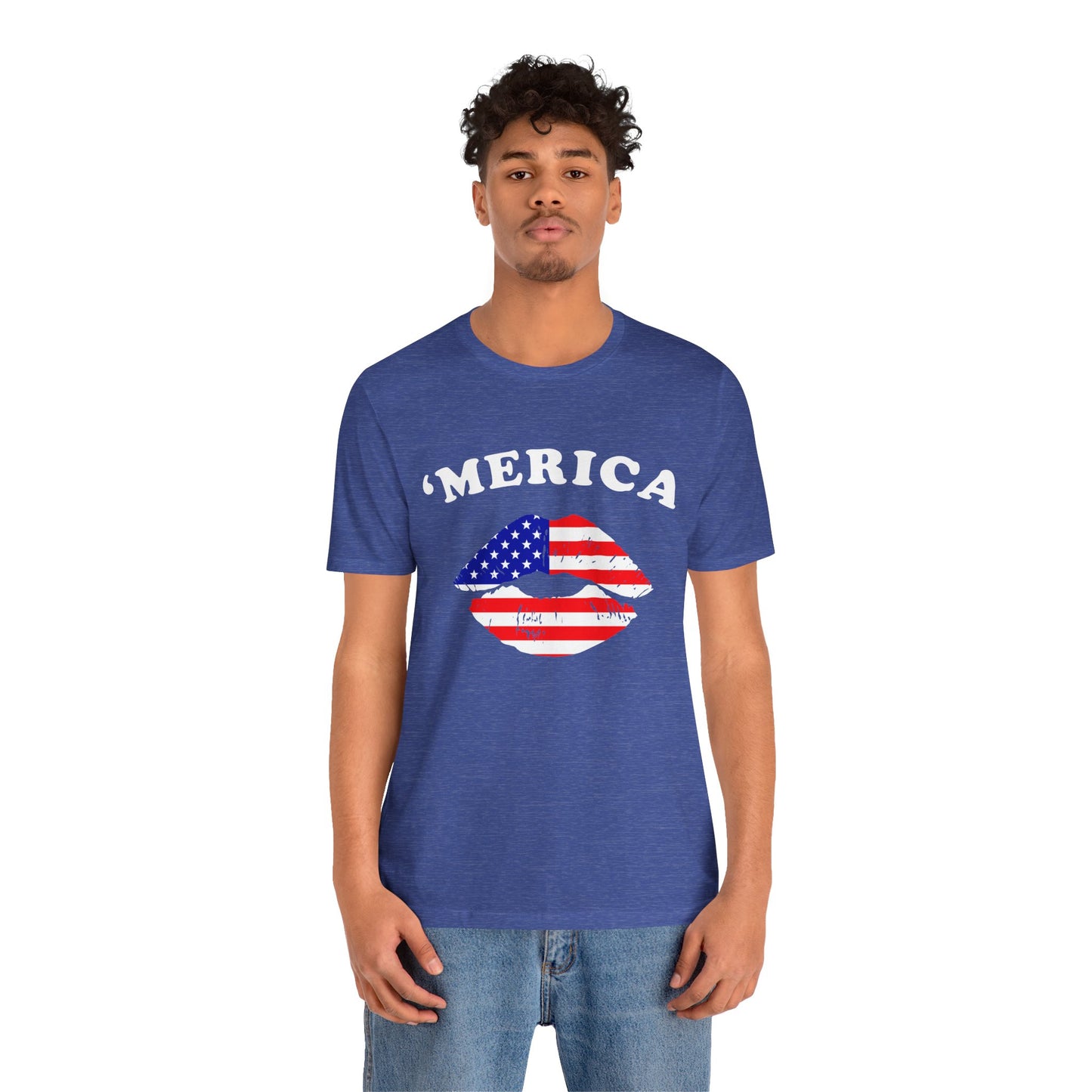 'Merica Unisex Jersey Tee, Patriotic Short Sleeve Shirt, USA Flag Design, Independence Day Apparel, Festival Wear, Summer Casual - 13519