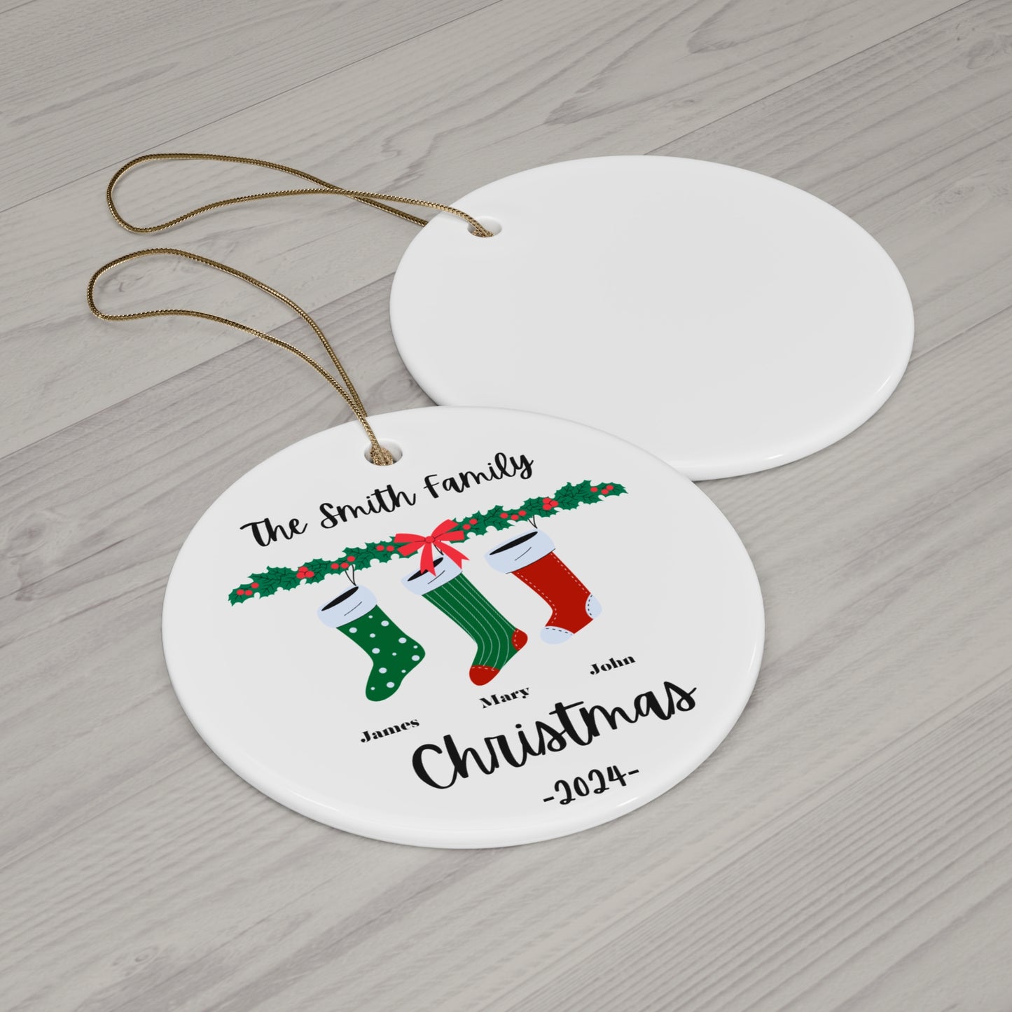 Stockings, Family of 3, Customizable - Ceramic Ornament, 2 Shapes, Circle & Snowflake - 10091