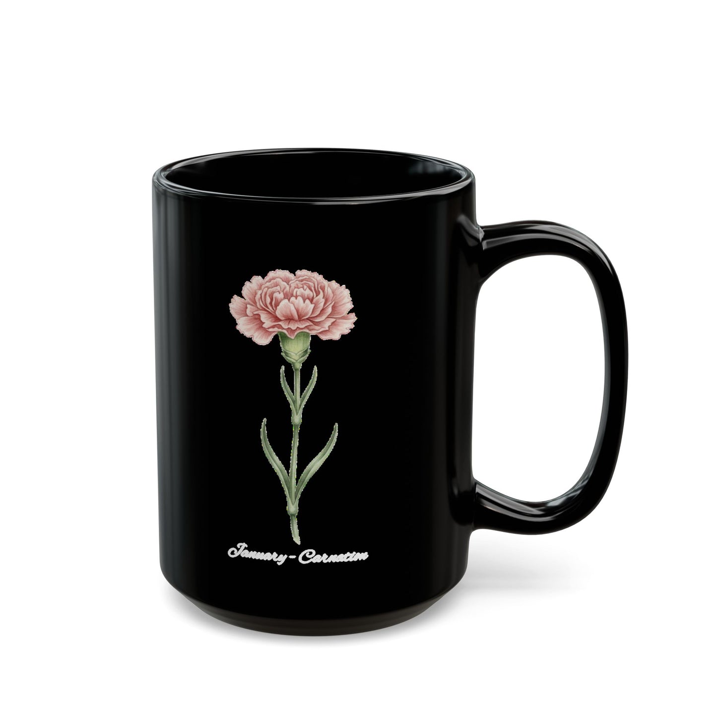 January Carnation Birth Flower Black Mug – Customizable (11oz & 15oz) - 14670