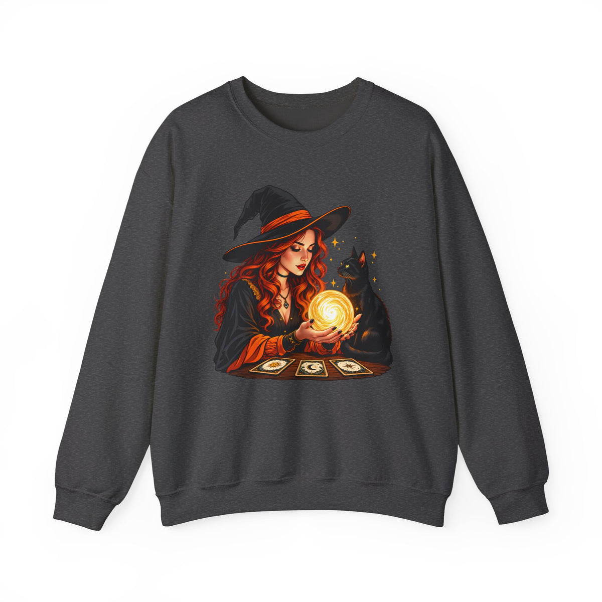 Witch Tarot Crewneck Sweatshirt, Mystic Fortune Teller & Black Cat Design - 14504
