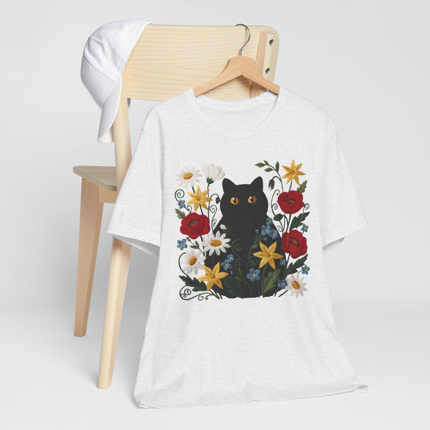 Black Cat in Wildflowers T-Shirt — Floral Cat Tee for Cat Lovers - 14921