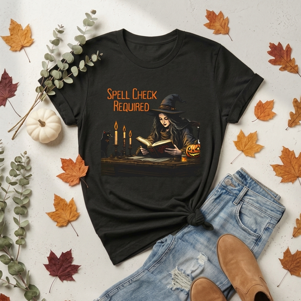 Spell Check Required Witch T-Shirt, Halloween Spellbook Reading Graphic Tee - 14936