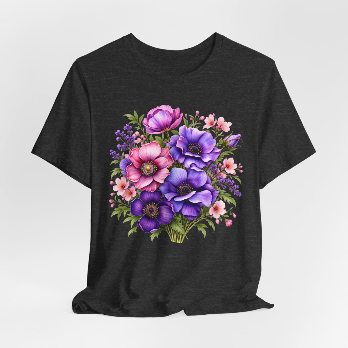 Purple & Pink Floral Bouquet T-Shirt, Colorful Botanical Flower Tee - 14537