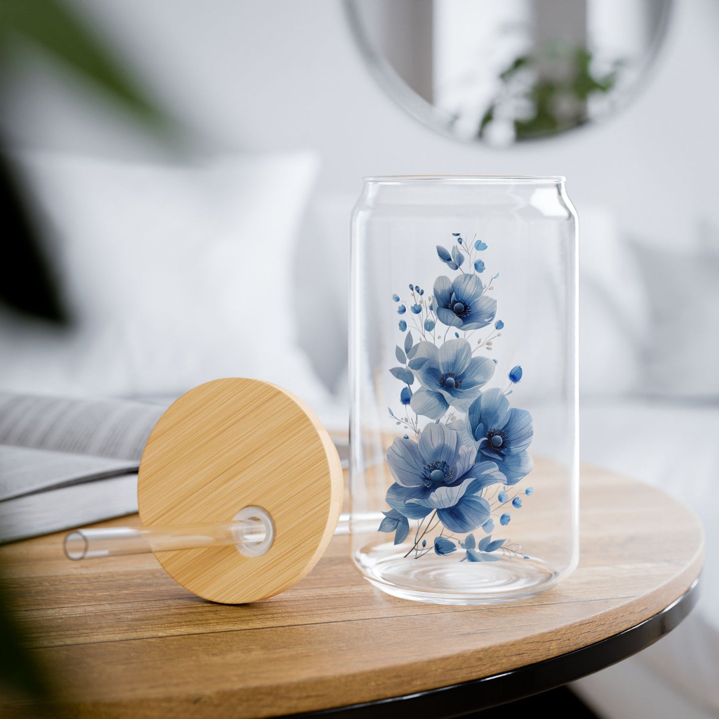 Elegance in Azure Petals,  Customizable - Sipper Glass, 16oz