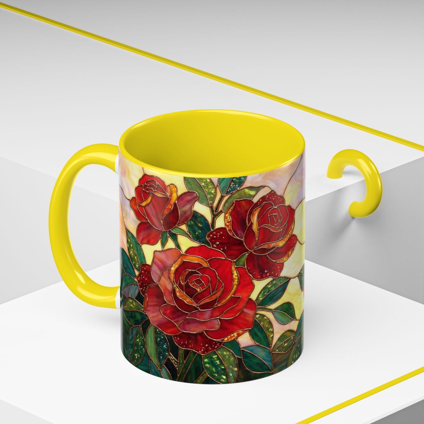 Rose Stained Glass Accent Coffee Mug – Red Roses Floral 11/15oz - 14539