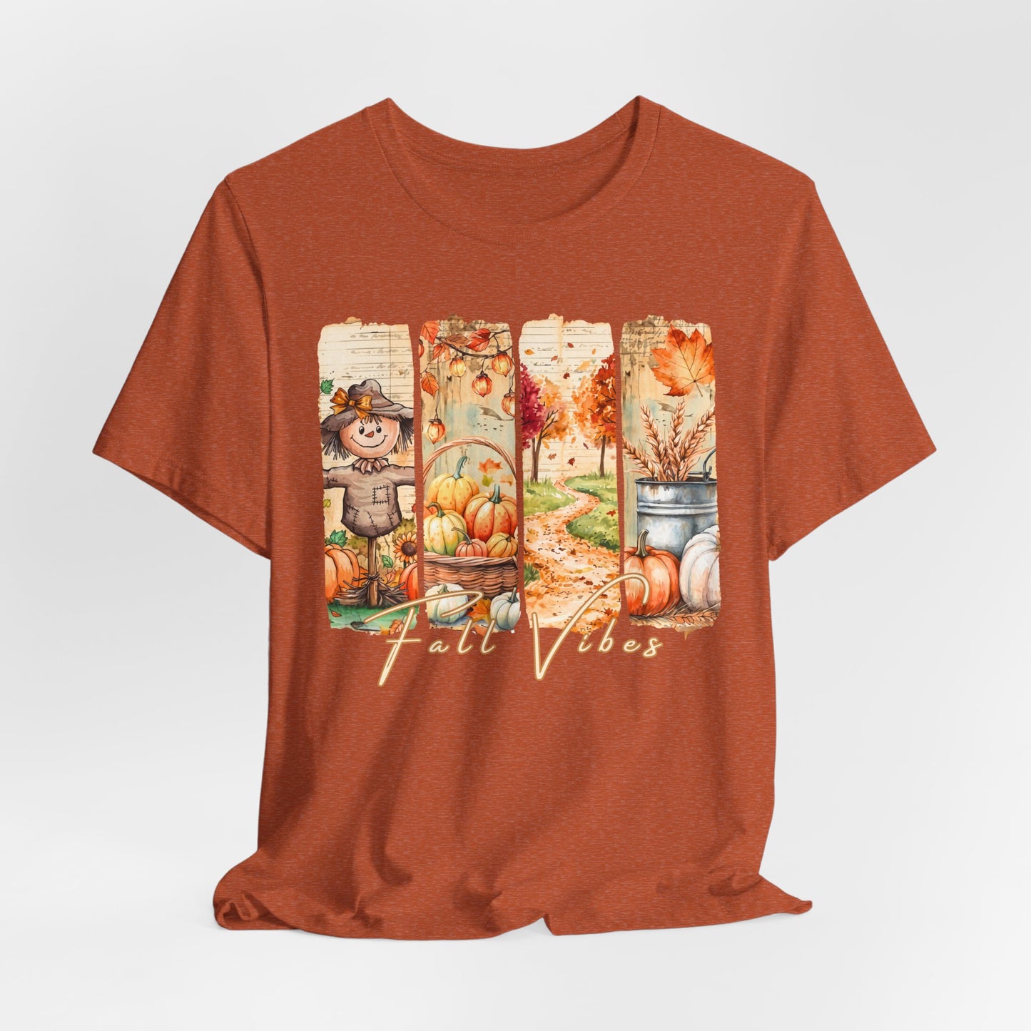 Fall Vibes T-Shirt, Autumn Pumpkin, Scarecrow & Harvest Graphic Tee - 14948
